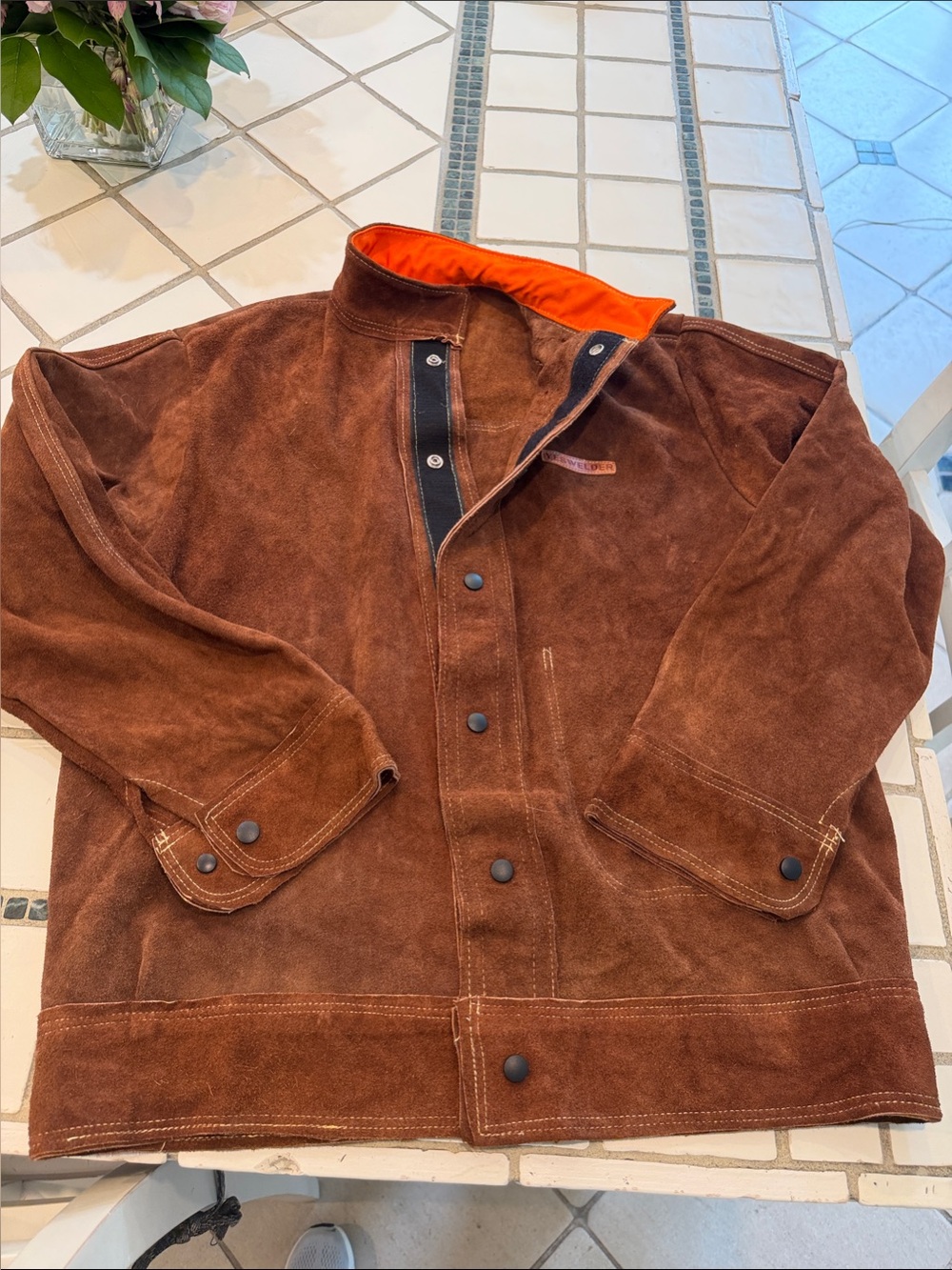 Brown Suede-Style Field Jacket with Orange Lining